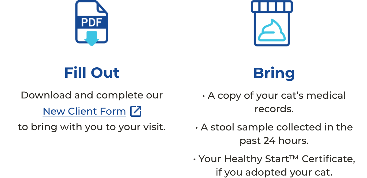 Download and complete our New Client Form to bring with you to your visit. Bring a copy of your cat’s medical records, a stool sample collected in the past 24 hours, and your Healthy Start Certificate, if you adopted your cat.
. 